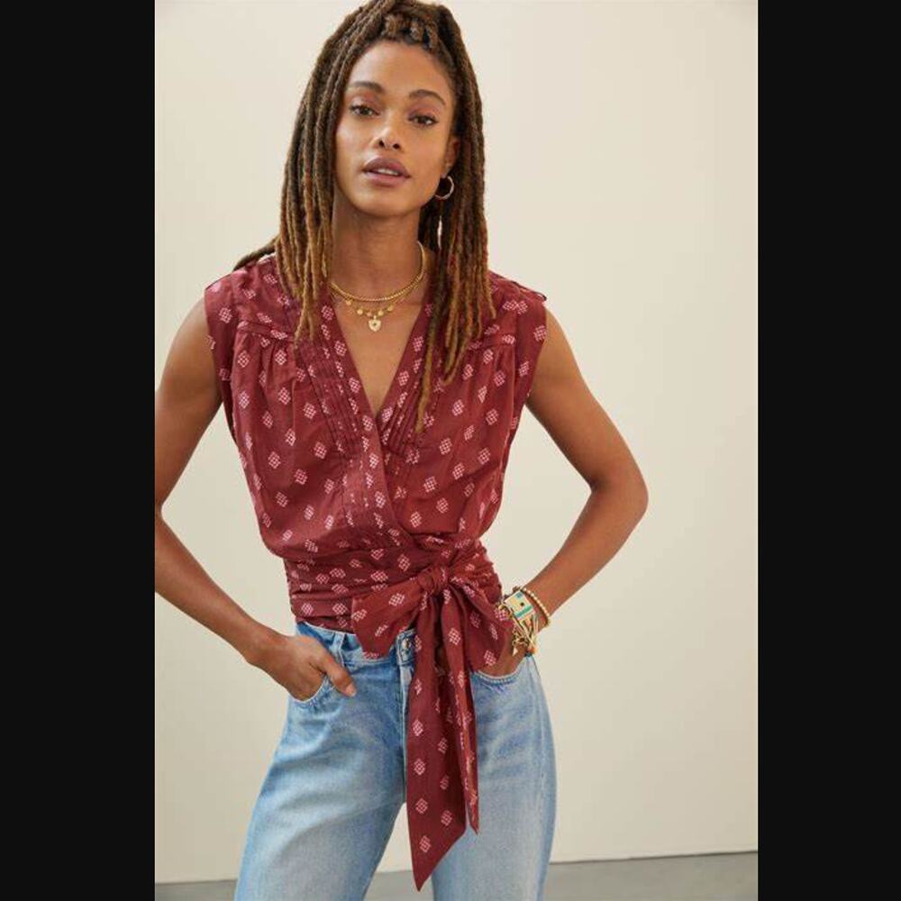 Anthropologie Burgundy Patterned Tie-Waist Sleeveless Top